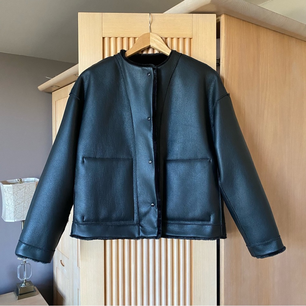 Zara black faux fur jacket with gold buttons - Picture 8 of 12